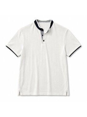 Zara Man Men's White Pique Band Collar Polo Navy Trim Size Medium